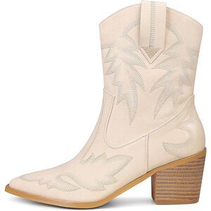 NEW Sexy Beige Women's Cowboy Boots Pointed Toe Stacked Heels Embroidered Calf